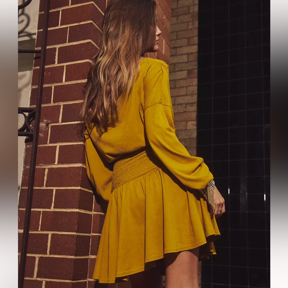 Free people golden Long-Sleeve Smocked Waist Mini Dress